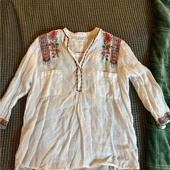 Johnny Was White Embroidered Linen Tunic with Pink & Teal Floral Accents - Picture 6 of 9